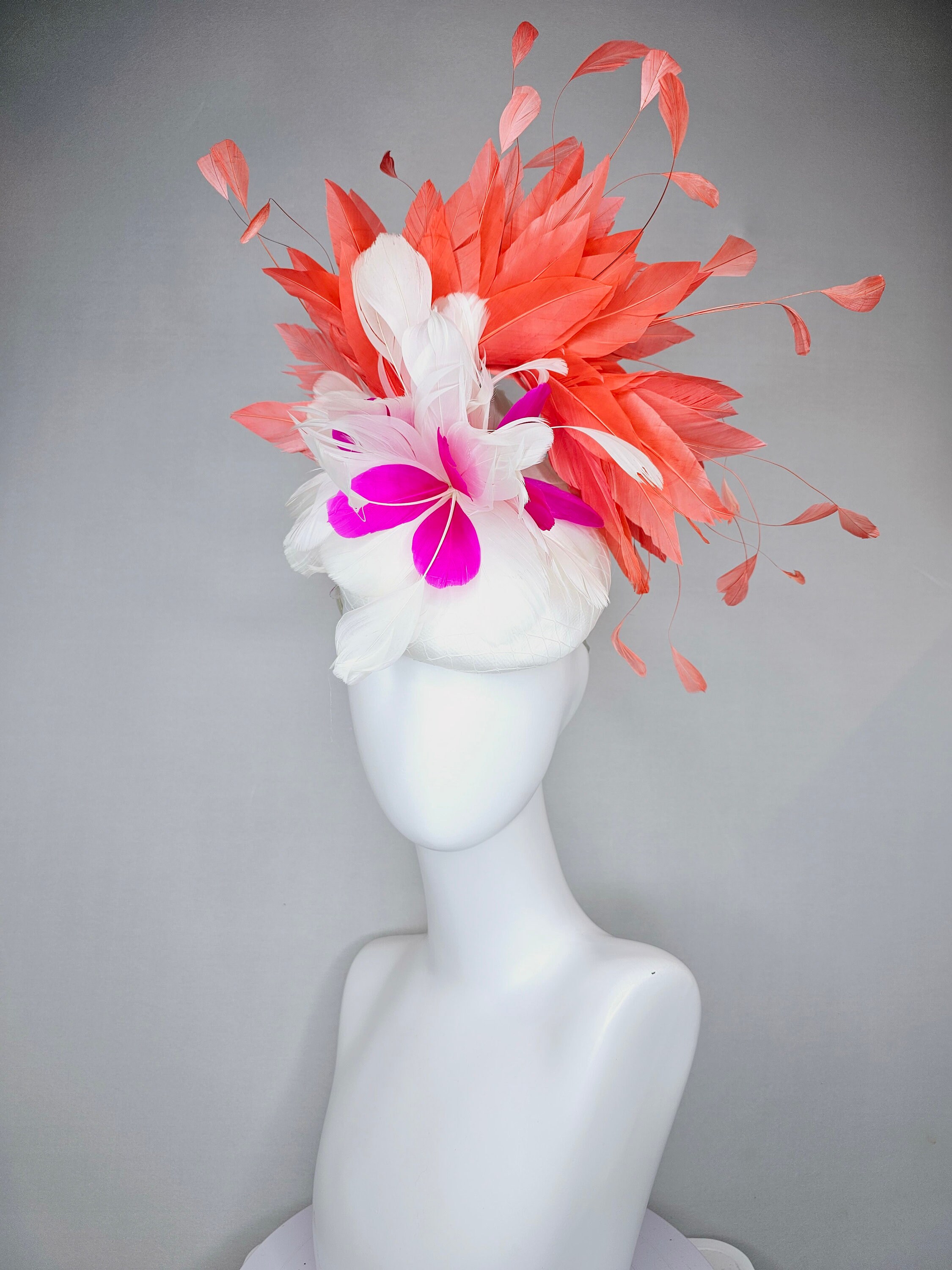 Kentucky Derby Hat Fascinator White Satin With Orange Coral 