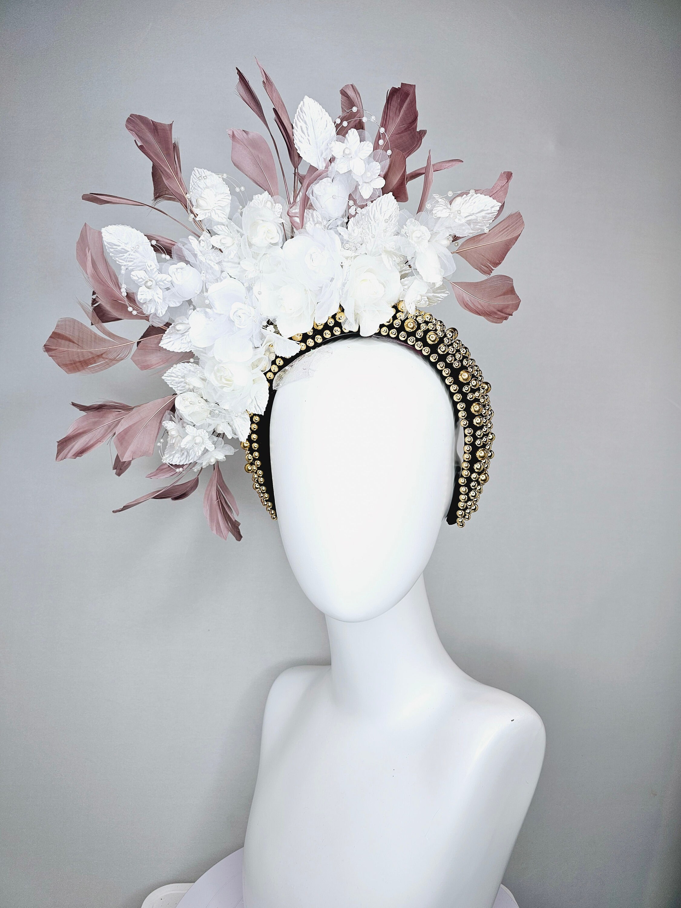Kentucky Derby Hat Fascinator Gold Pearl Beaded Headband  display picture 1