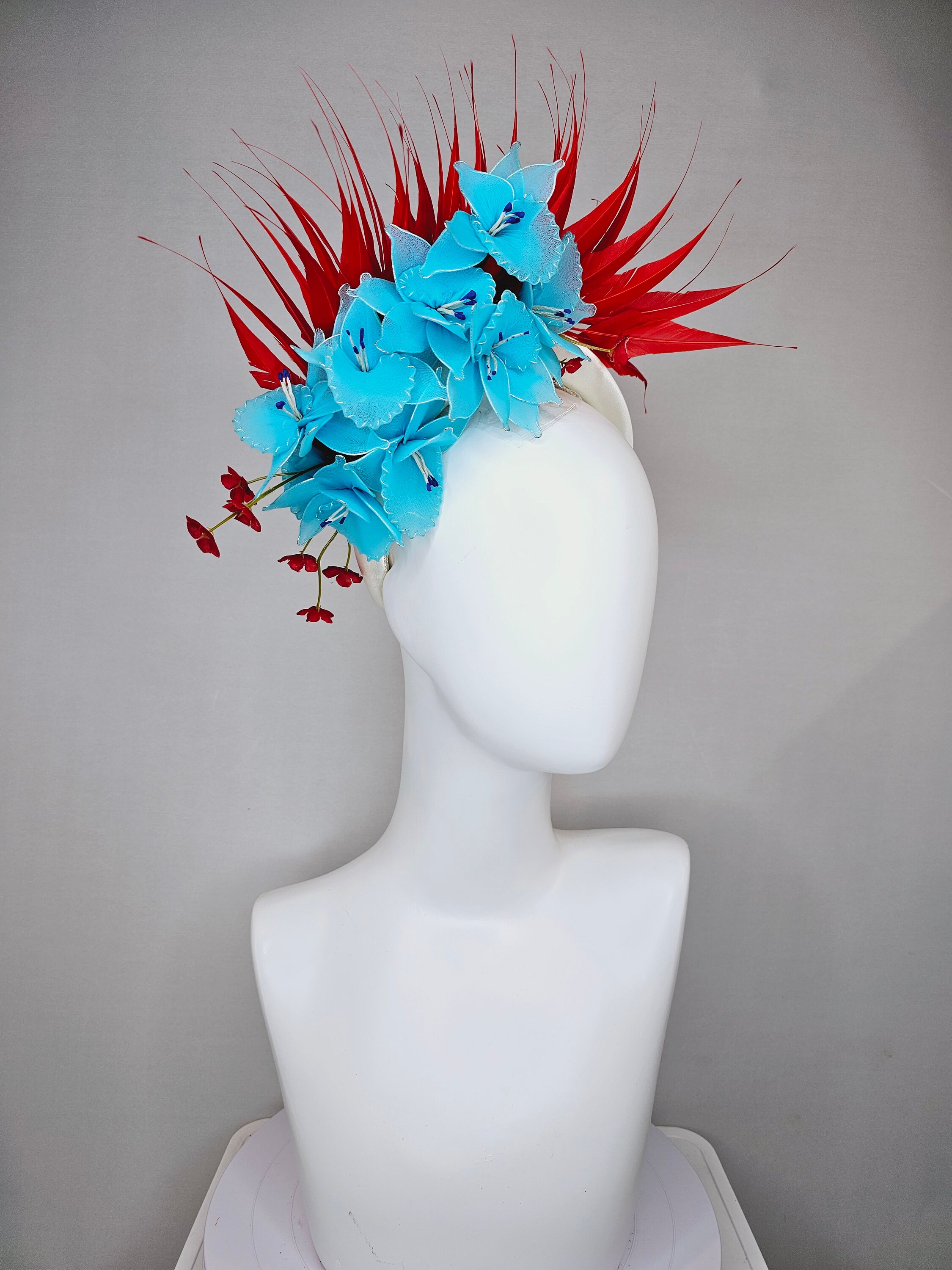 Kentucky Derby Hat Fascinator White Feather Flower Netting Turquoise Blue 2018 Collection.Designer Fascinator. Ivory Fascinator. Royal  main image 4