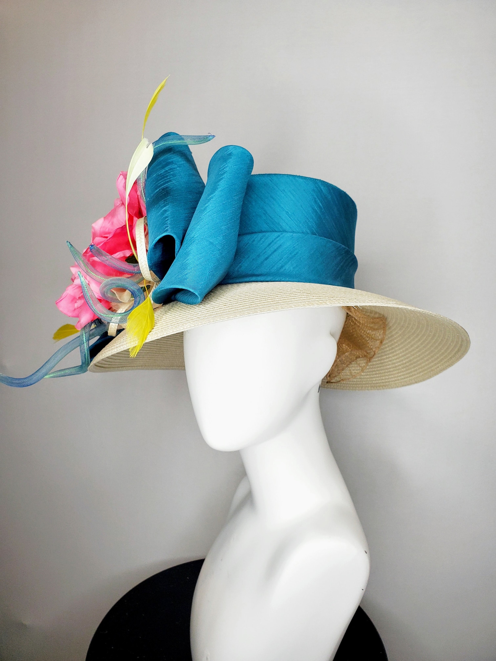 Kentucky derby hat teal turquoise blue ribbon on beige taupe Etsy