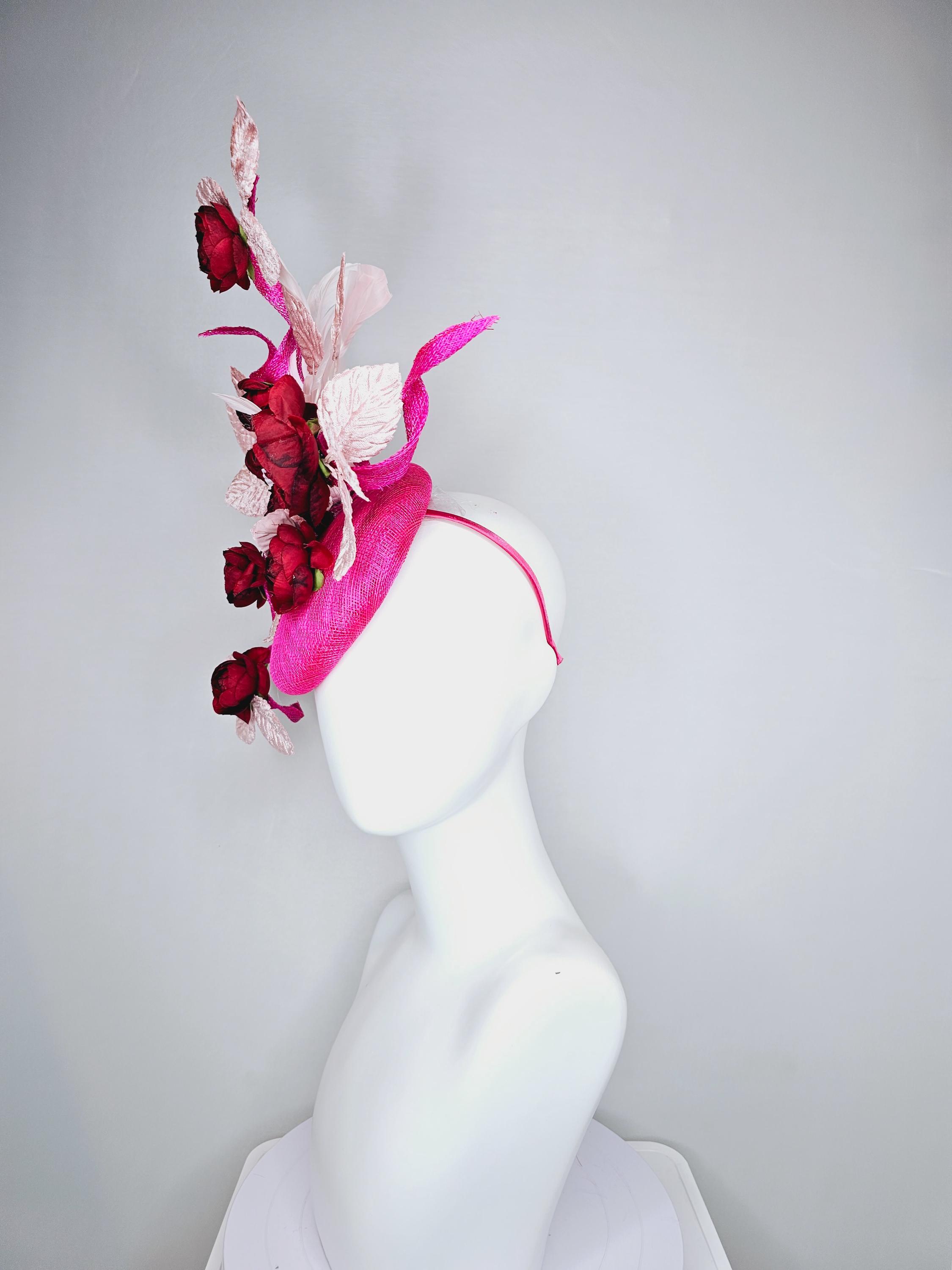 KY Derby Rose Red Feather Sinamay Disc Hat Wide Brim Formal Fascinator Red Kentucky Derby Fascinator, Red Wedding Hat, Red Royal  main image 3