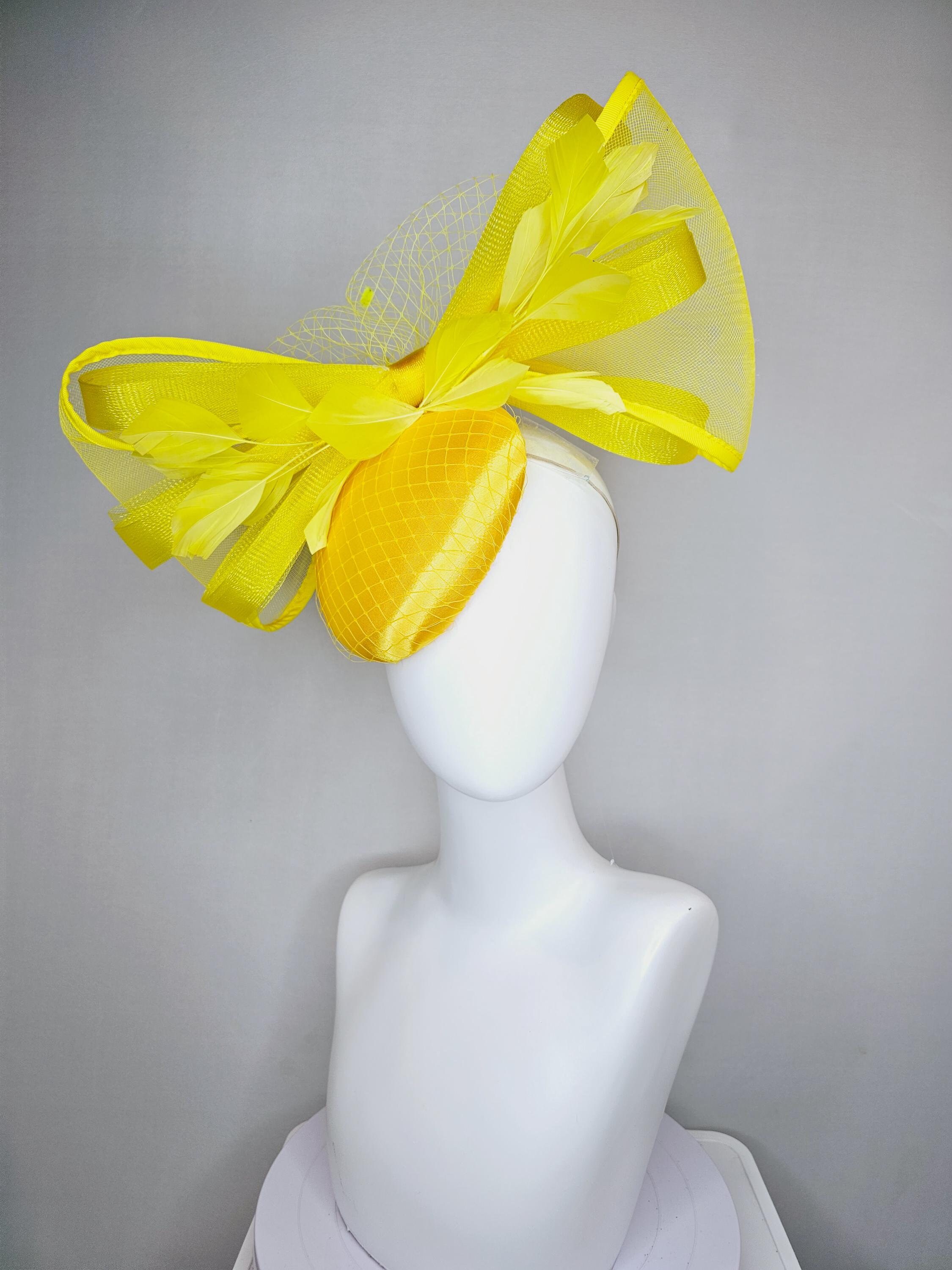 6417 Fascinator Hat For Women | Lemon With Pearl & Mesh Bow Design Classic Sinamay Lemon Hatinator with Bow main image 3