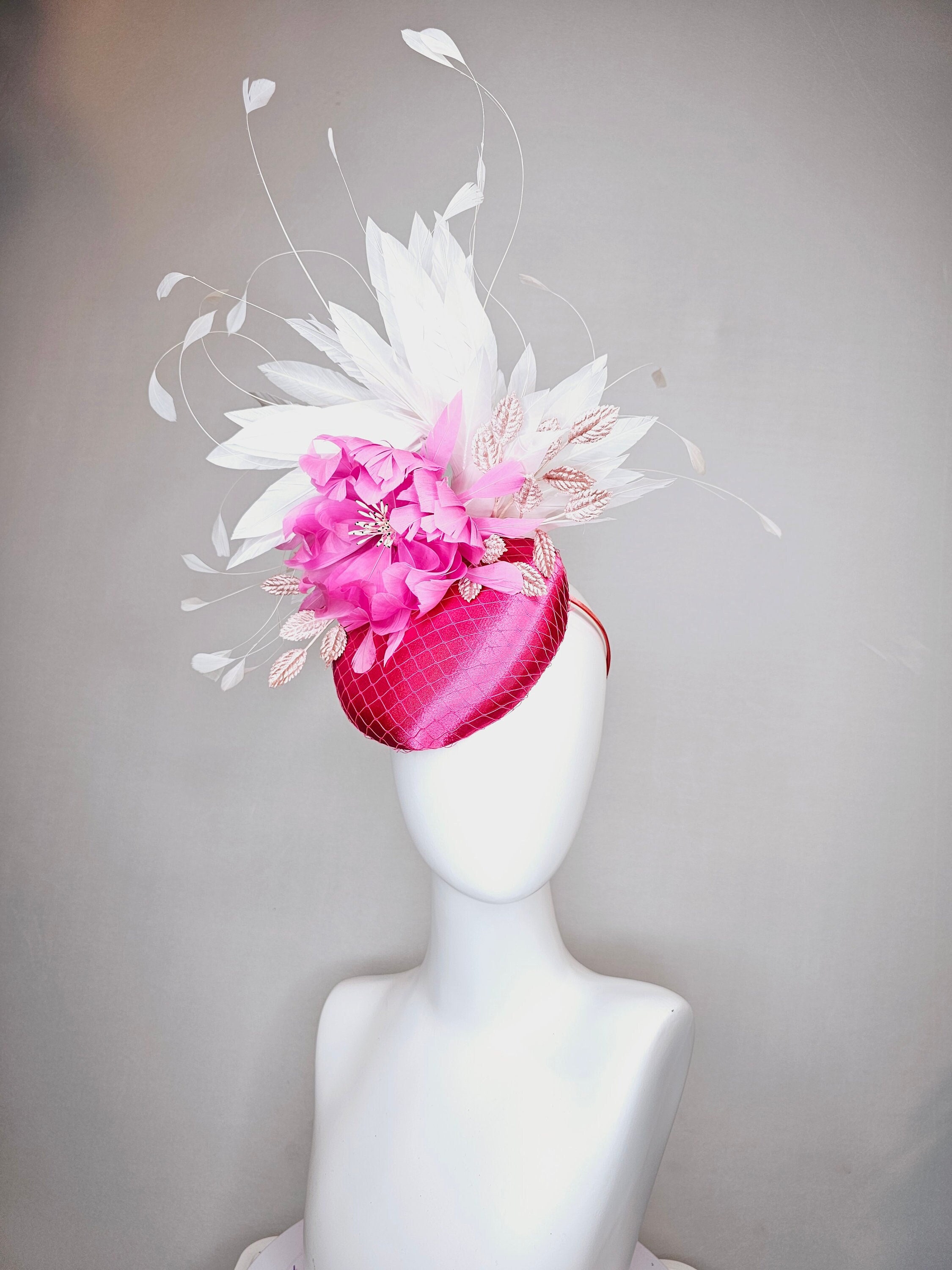 KENTUCKY DERBY ? Hat with Pink & Fuchsia Feather Trim - worn once Kentucky Derby Hat, Wide Brim Hat, Ky Derby Hat, Fuchsia Hot  main image 3