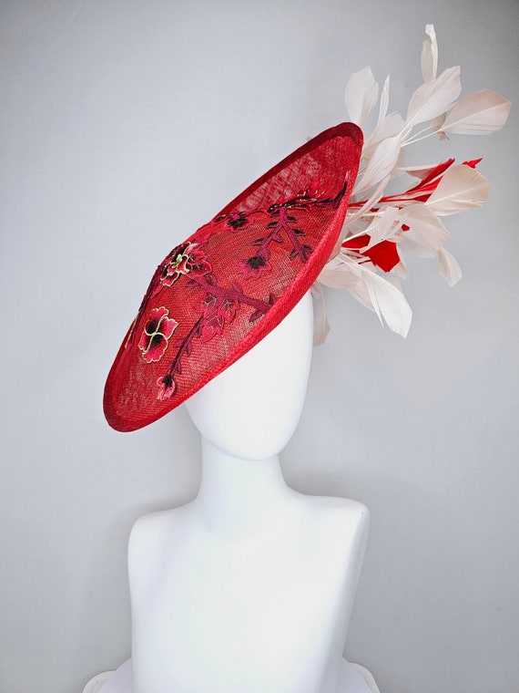 Kentucky Derby Hat Red Sinamay Saucer With Red Burgundy Gold  display picture 3