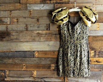 Vintage Glam Wiggle Mini Dress Size 10 Gold & Black Brocade By AJ Bari Made in Korea Pinup Party Sheath