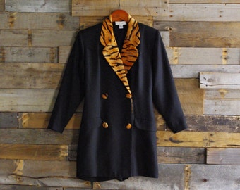 Vintage Hotpants Romper Black-Tiger Print Trim By Caché Size 8 Union Label Retro Pinup-Glam Onesie