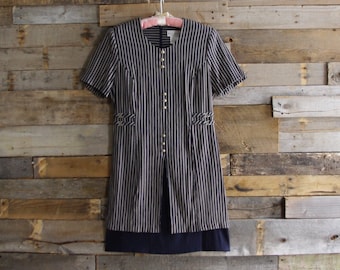 Vintage Tunic Top Dress Navy-Gray Stripes By Miss Dorby Size 10 Retro Wiggle-Day-Office Sheath