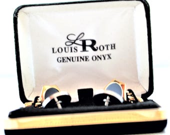 Vintage Cufflinks Genuine Onyx by Louis Roth Two Pair Original Box Retro Accessory Gift