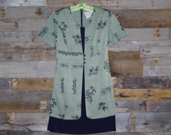 Vintage Tunic Top Dress Navy & Shades of Green Size 8P By Miss Dorby Petites Retro Office Sheath