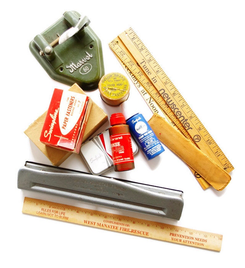 Vintage Desk Office Supplies 11 Pieces Paper Punches Brass Fasteners Wooden Rulers Retro Accessories Home Decor