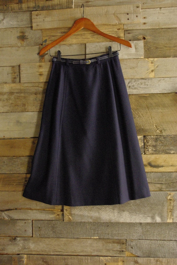 Vintage A-Line Skirt w Belt Navy Wool Size 8 By Evan Picone Union Label Preppy-Normcore-Classic-Office