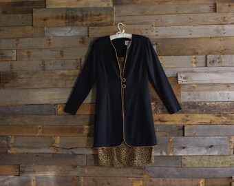 Vintage Black & Leopard Print Wiggle-Tunic Dress Size 12 By Julian Taylor NY U.S.A Made Retro LBD Glam-Pinup-Wild Style Sheath
