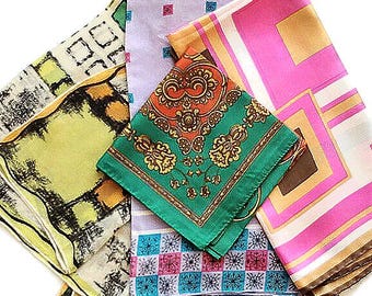 4 Vintage Square Scarves Greens-Pinks-Pastels Retro Spring-Summer Accent Headscarves Gift Ships FREE in US