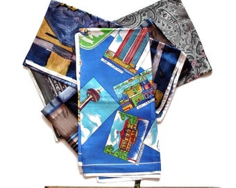4 Vintage Scarves Blues-Grays-Paisley-Floral Square-Oblong Canada Mountie Retro Accents-Headscarves Gift Ships FREE in US