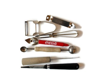 Vintage Coca-Cola Can Opener and 6 Small Retro Kitchen Utensils Knives Peelers Melon Baller