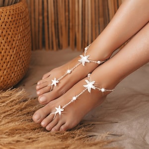 Sandálias descalças com miçangas, joias para pés de noiva, pérolas e strass estrela do mar casamento na praia, presente de dama de honra, presente de casamento