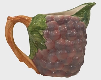 Vintage Italian Purple Grapes Pitcher | Mid-Century Majolica-Style Ceramic Jug | European Country Kitchen Decor