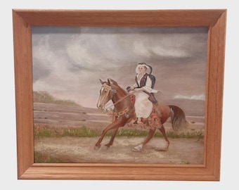 Dipinto originale d'epoca di una donna europea a cavallo / Ritratto equestre di metà secolo