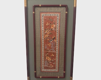Vintage Asian Silk Embroidery with Bird & Blossoms | Framed Bamboo-Style Artwork | Textile Wall Art