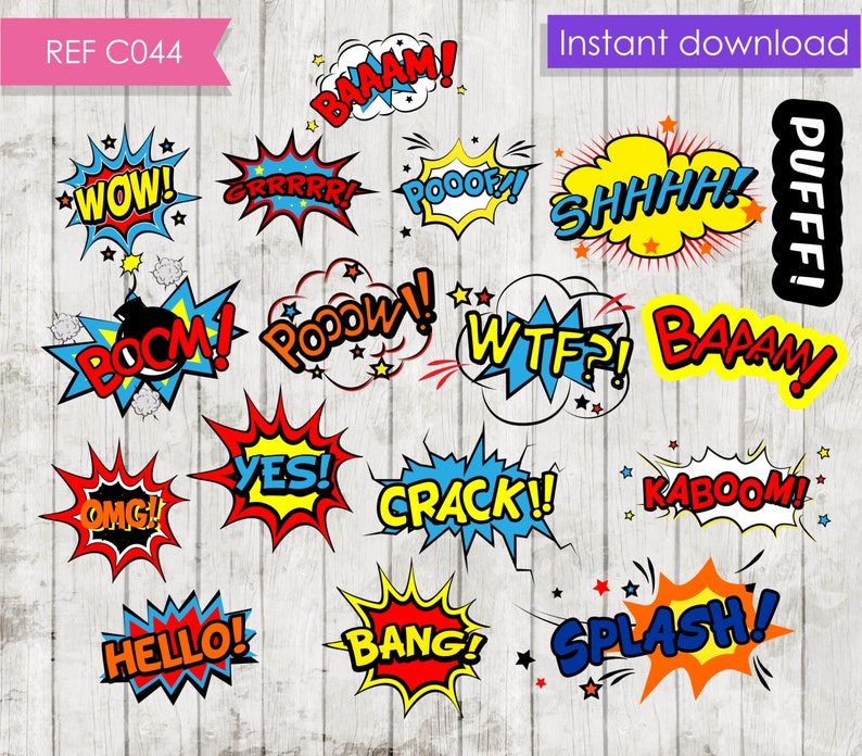 Superhero comic text clip art elements. Etsy