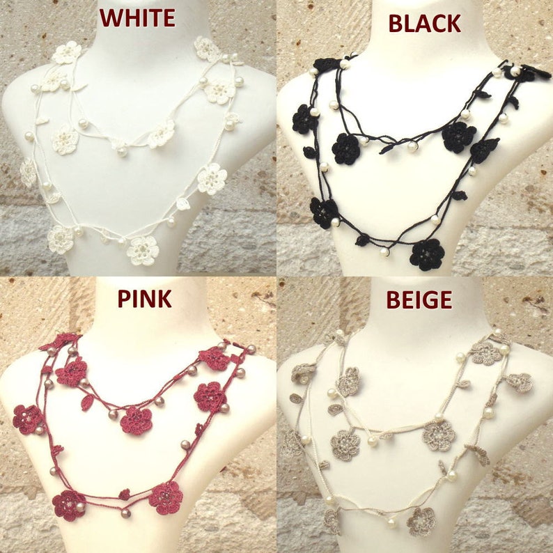 Turkish OYA Lace Crocheted Jewelry Wedding Bib Flowers Accessories Dresses Jewelry Flower/&Pearl Lariat