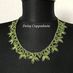 Turkish  İğne OYA Lace - Silk Necklace -CRYSTAL Green  Crocheted Jewelry Wedding Bib Flowers Accessories Dresses