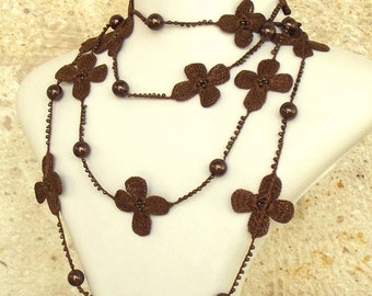 Turkish OYA Lace - Lariat necklace - Croce Pearl - Brown