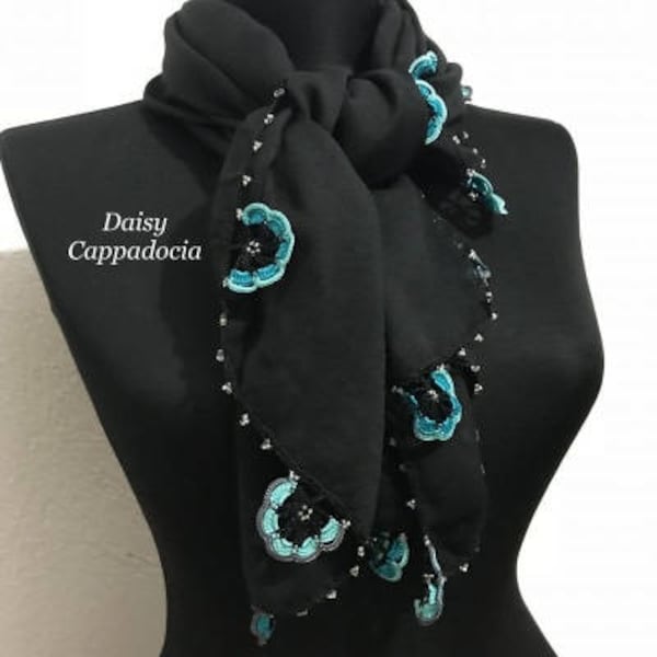 Étole/châle de turque OYA dentelle - coton - noir - écharpe châle pour son cadeau pour les femmes hiver foulard accessoires de mode femmes