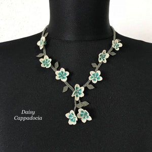 Turkish İğne OYA Lace - Needle lace Necklace  - PLUMERIA - Cream & Aquablue - Wedding Bib Flowers Accessories Dresses Jewelry
