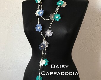 Turkish Tığ OYA Lace Lariat - DAISY Blue Mix -Crocheted Jewelry Wedding Bib Flowers Accessories Dresses Necklaces