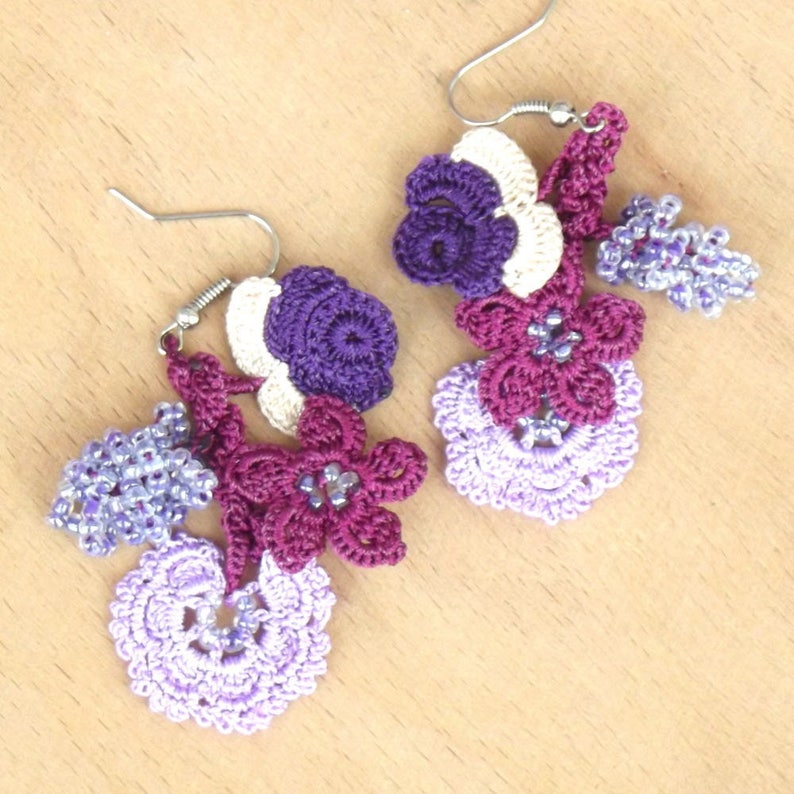 Turkish OYA Lace Earring Bijou/plum Purple Crocheted Jewelry Wedding