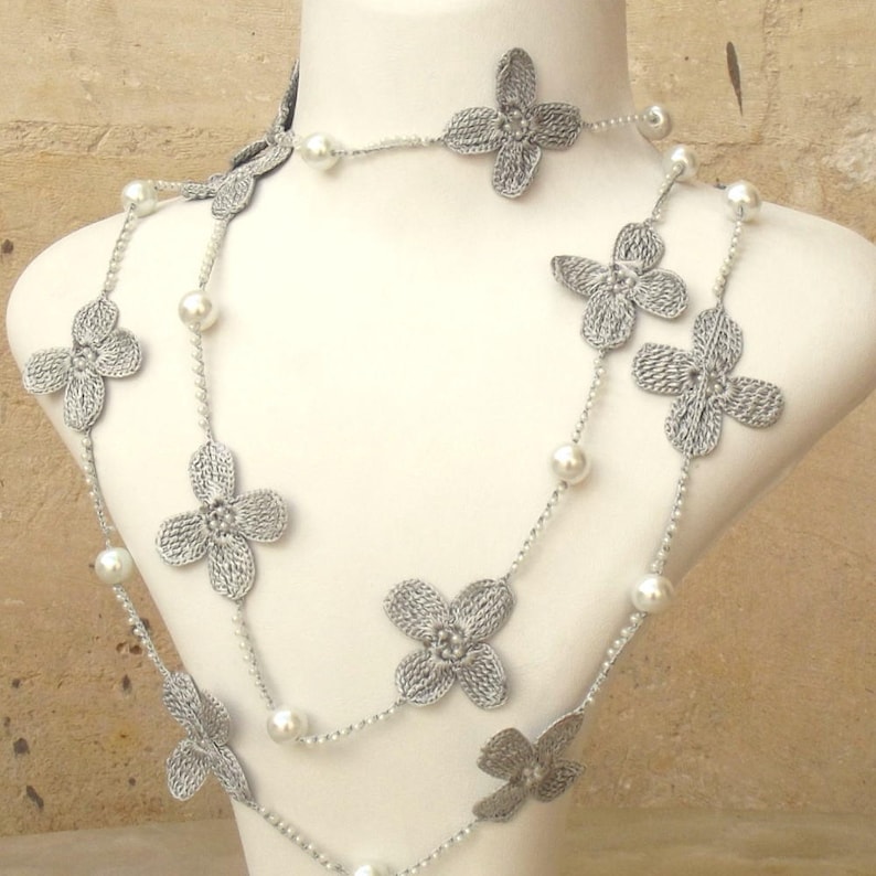 Turkish OYA Lace Lariat Necklace Croce Pearl 2colors Crocheted Jewelry