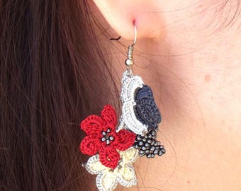 Turkish OYA Lace - Earring - Bijou Red&Gray  Crocheted Jewelry Wedding Bib Flowers Accessories Dresses Jewelry