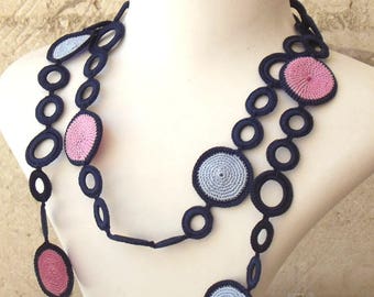 Turkish OYA Lace - Lariat necklace - Circle/Indigo&Pink  Crocheted Jewelry Wedding Bib Flowers Accessories Dresses Jewelry