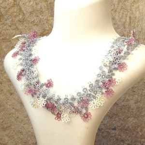 Turkish OYA Lace - Tatting lace Necklace/Pin&Gray - Crocheted Jewelry Wedding Bib Flowers Accessories Dresses Jewelry