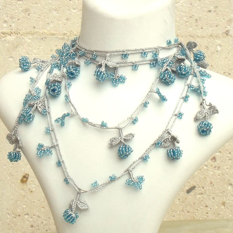 Turkish OYA Lace Lariat Necklace Berry Iceblue/crocheted Jewelry
