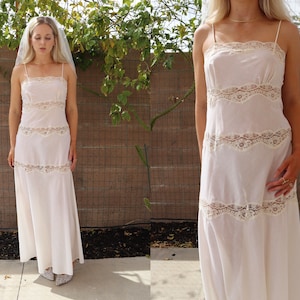 70s Spaghetti Strap Lily of France by Rosa Puleo-Szule Bias Cut Cream Lace piece Wedding Dress