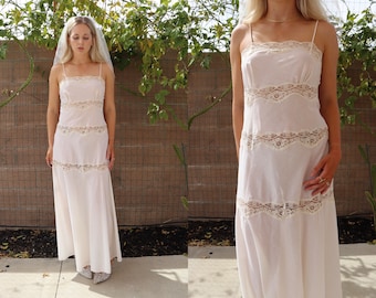 70s Spaghetti Strap Lily of France by Rosa Puleo-Szule Bias Cut Cream Lace piece Wedding Dress