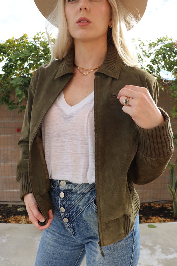 90s Clio Olive green Suede Leather Bomber Jacket … - image 9