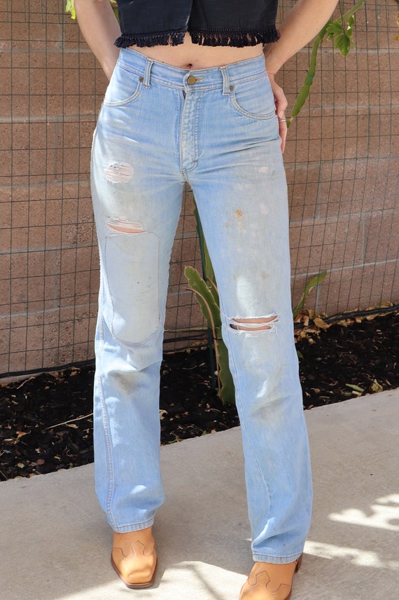 70s High Waisted Distressed Cotton Light Denim Je… - image 5