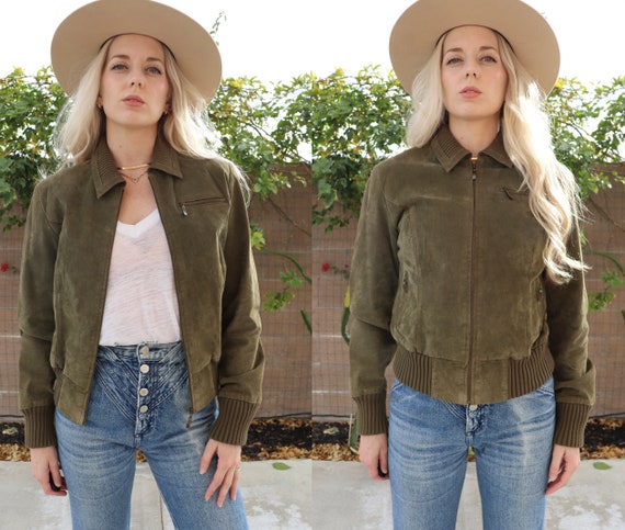 90s Clio Olive green Suede Leather Bomber Jacket … - image 1