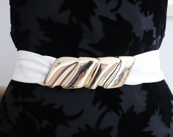 80s White Leather and Gold Buckle Waist Belt