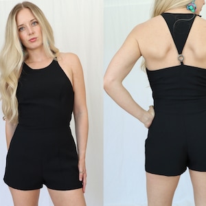 90s XOXO Black High Neck Romper Jumpsuit Jumper Shorts Racer Back Size small Silver Rings