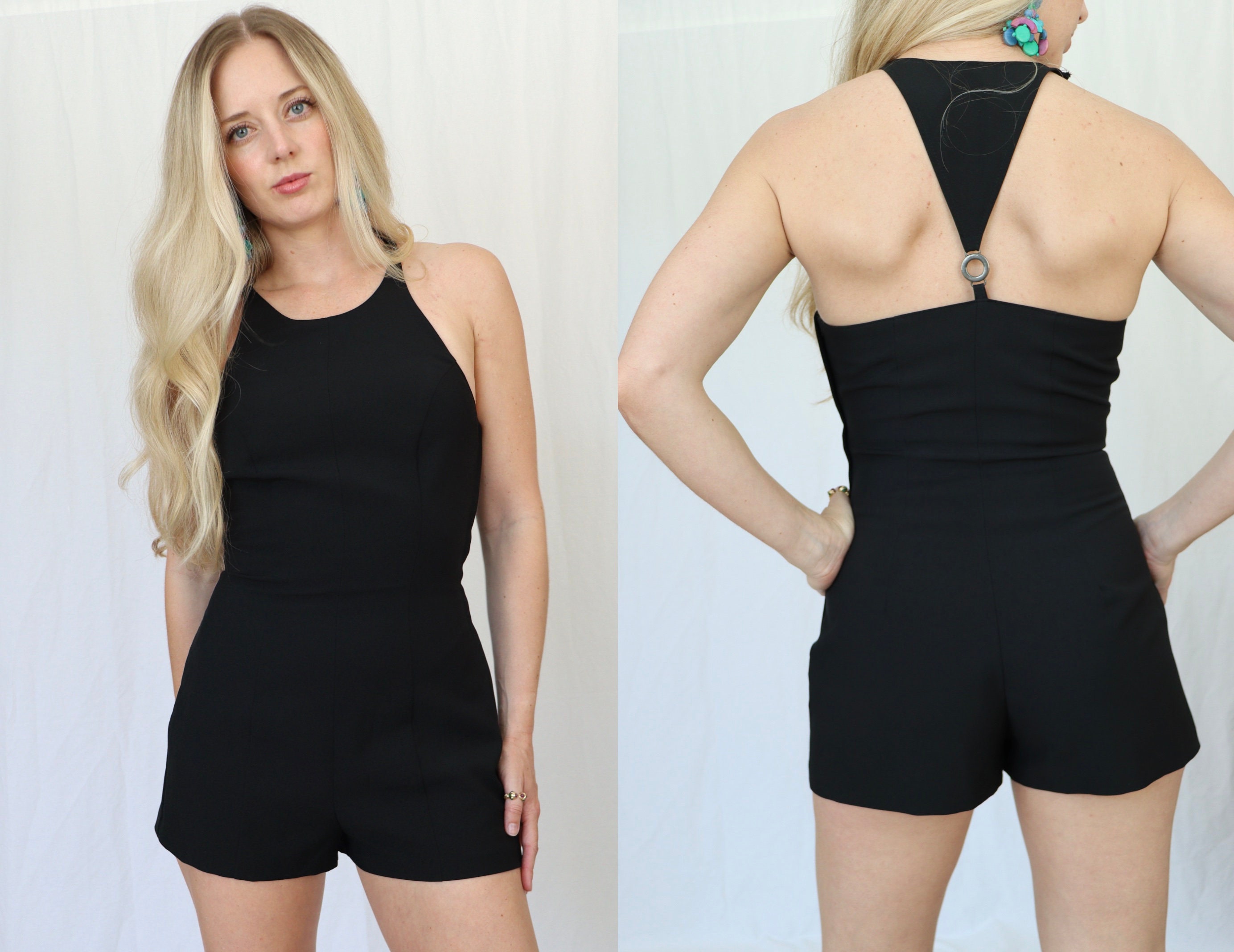 90s XOXO Black High Neck Romper Jumpsuit Jumper Shorts Racer