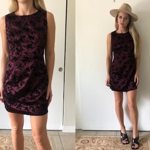 Vintage 60s Mod Satin Purple with Black Velvet Floral Holiday Shift Dress