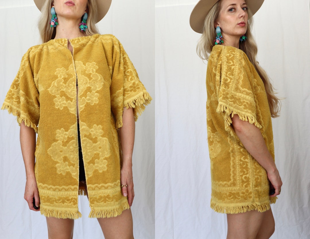 60s Unique Mustard Yellow Kimono Style Towel Swimsuit Coverup Etsy