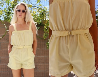80s Pastel Yellow High Waisted Tank Jumps with Removable straps Danik of California Size Small