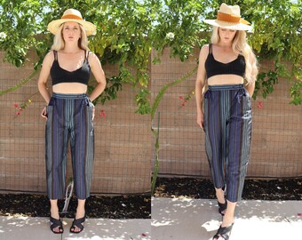 80s Striped Linen Tapered Blue and Purple Striped Pants with Pouch Side Pockets Smartpants