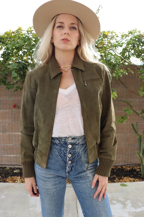 90s Clio Olive green Suede Leather Bomber Jacket … - image 5