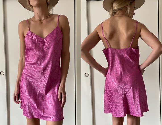 Vintage 90s Jacquard Pink Satin Short Mini Slip Dr